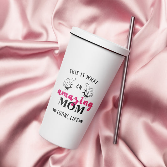Amazing Mom Insulated tumbler with a straw - White